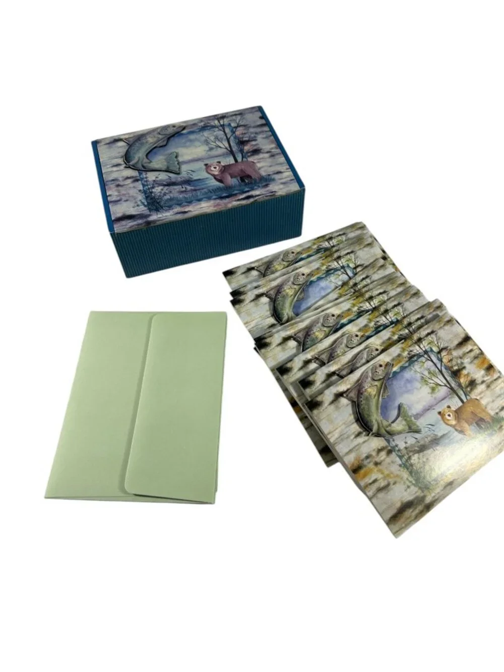 Creative Papers Salmon Lodge 9 Blank Notecards 3D Fish Bear Wildlife Box